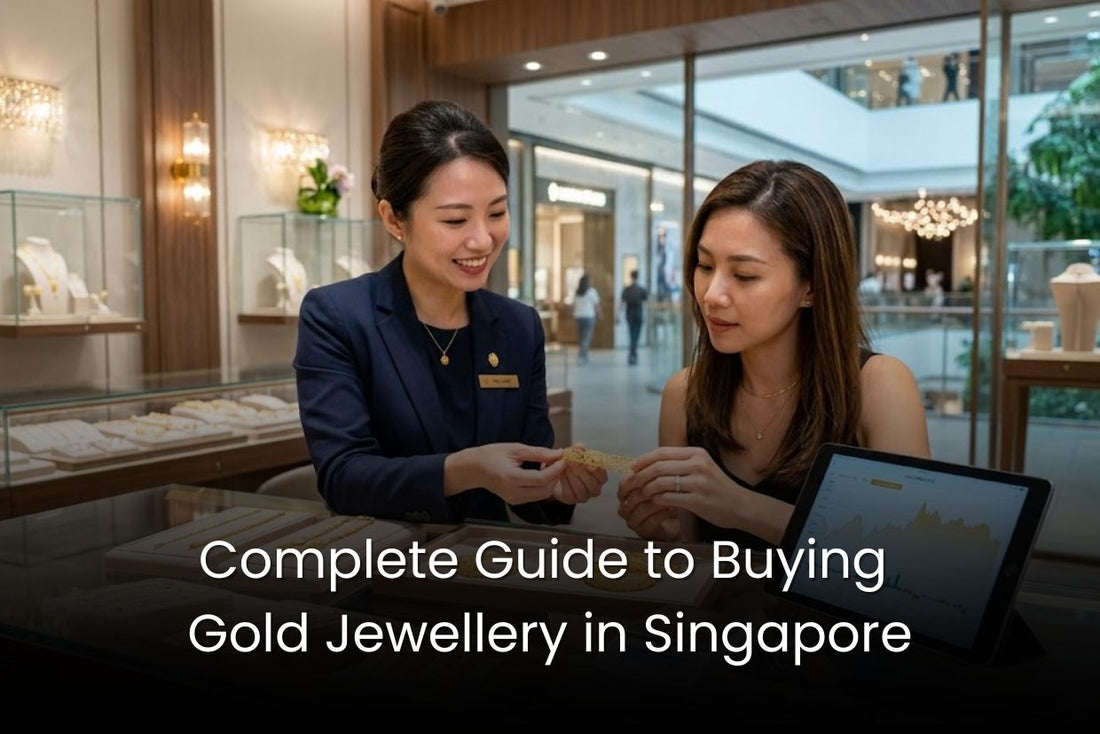 A sales consultant is showing a gold bracelet to a customer across the counter in a professional consultation setting.