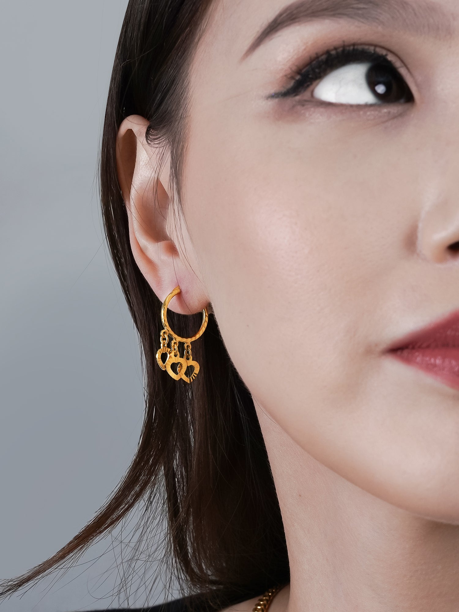 916 Gold Heart Dangling Hoop Earring