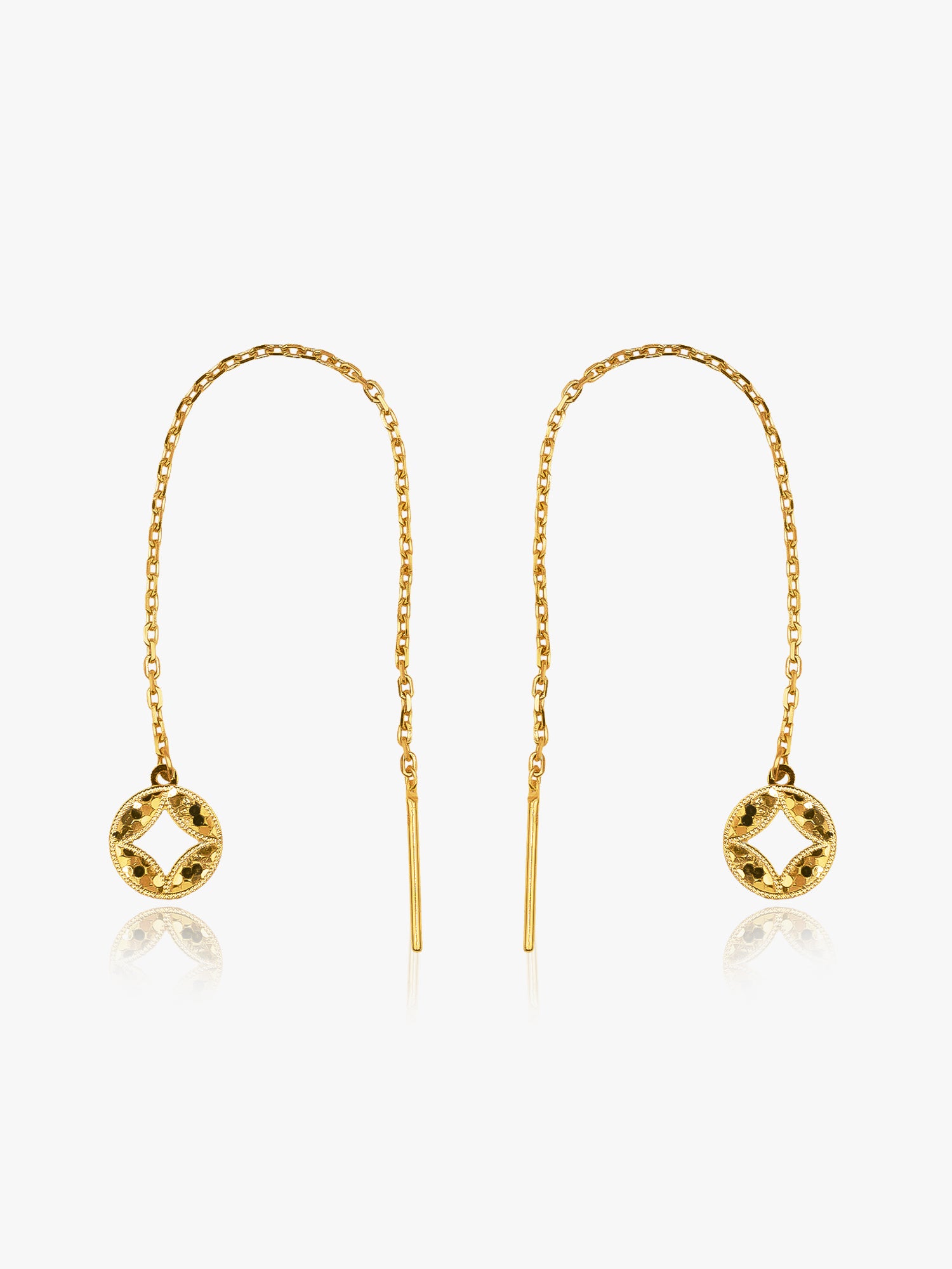 916 Gold Ornate Round Drop Threader Earring