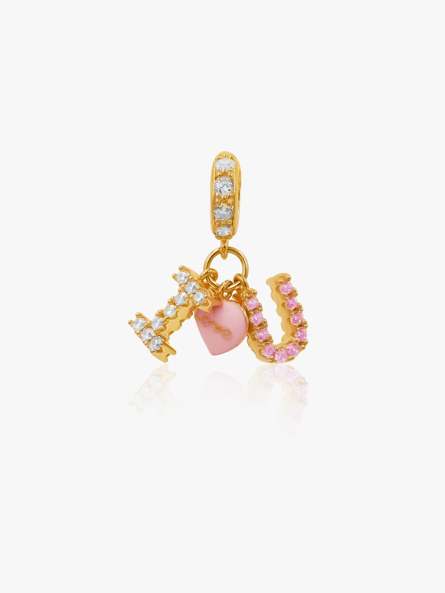 Gold charm with pink heart and 'I  ❤️ U' on a white background